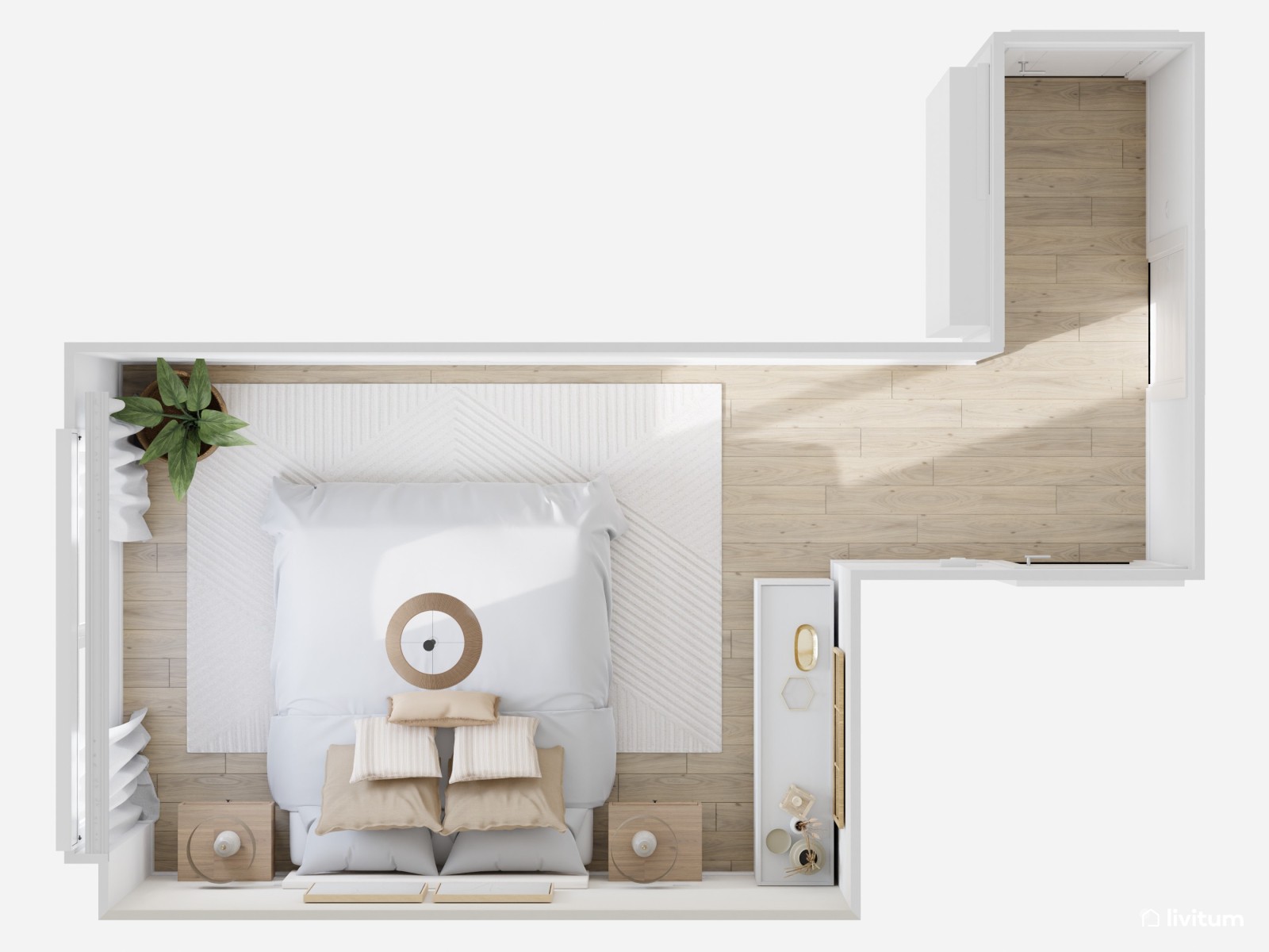 Dormitorio nórdico en blanco y tonos crema