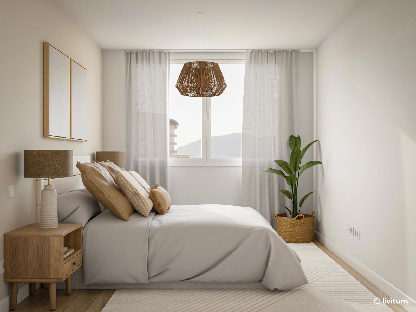 Dormitorio nórdico en blanco y tonos crema