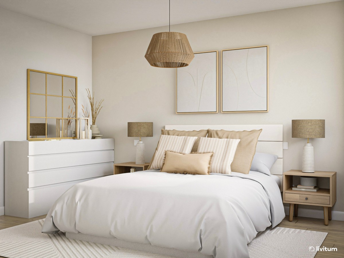 Dormitorio nórdico en blanco y tonos crema