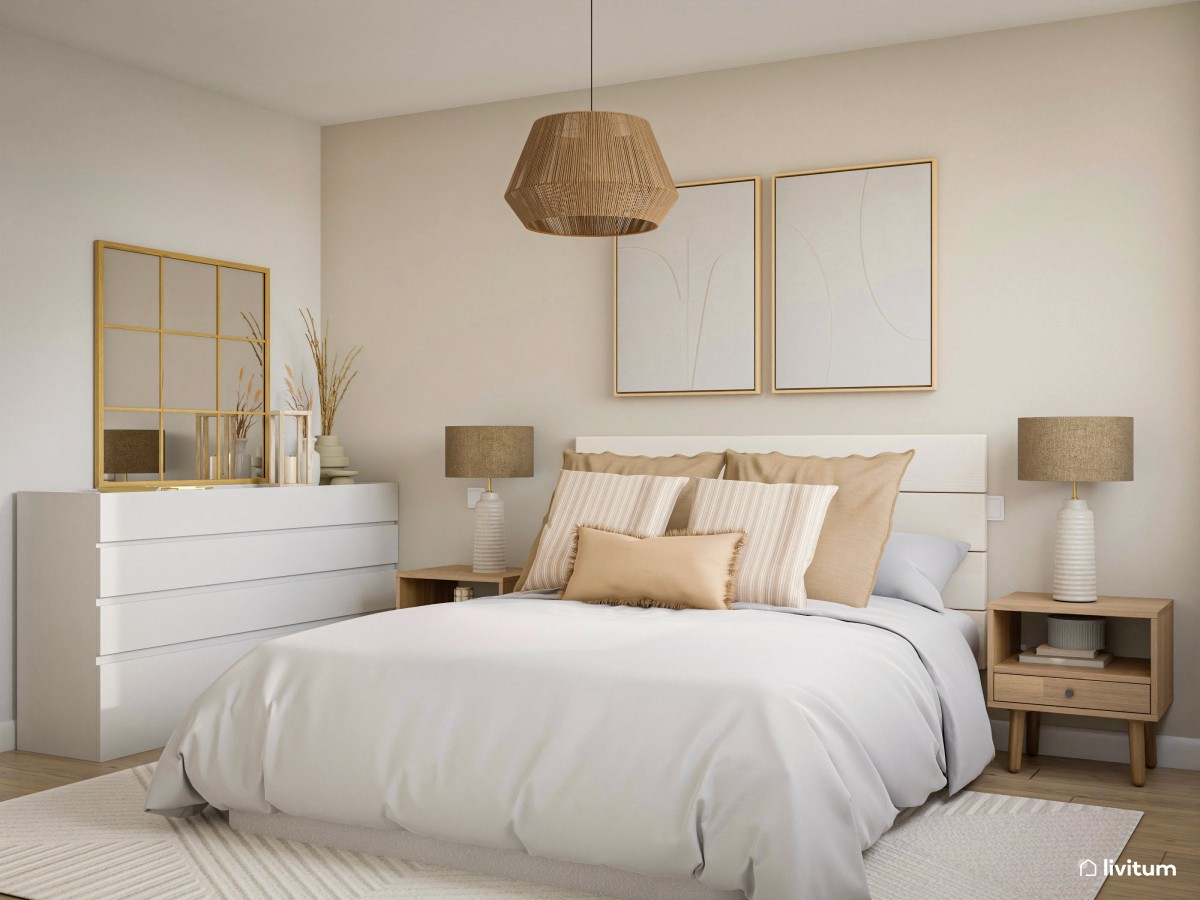 Dormitorio nórdico en blanco y tonos crema