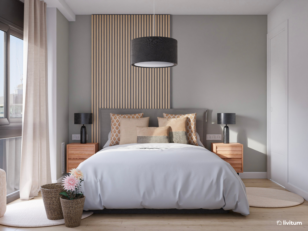 Dormitorio nórdico en gris, madera y detalles negros