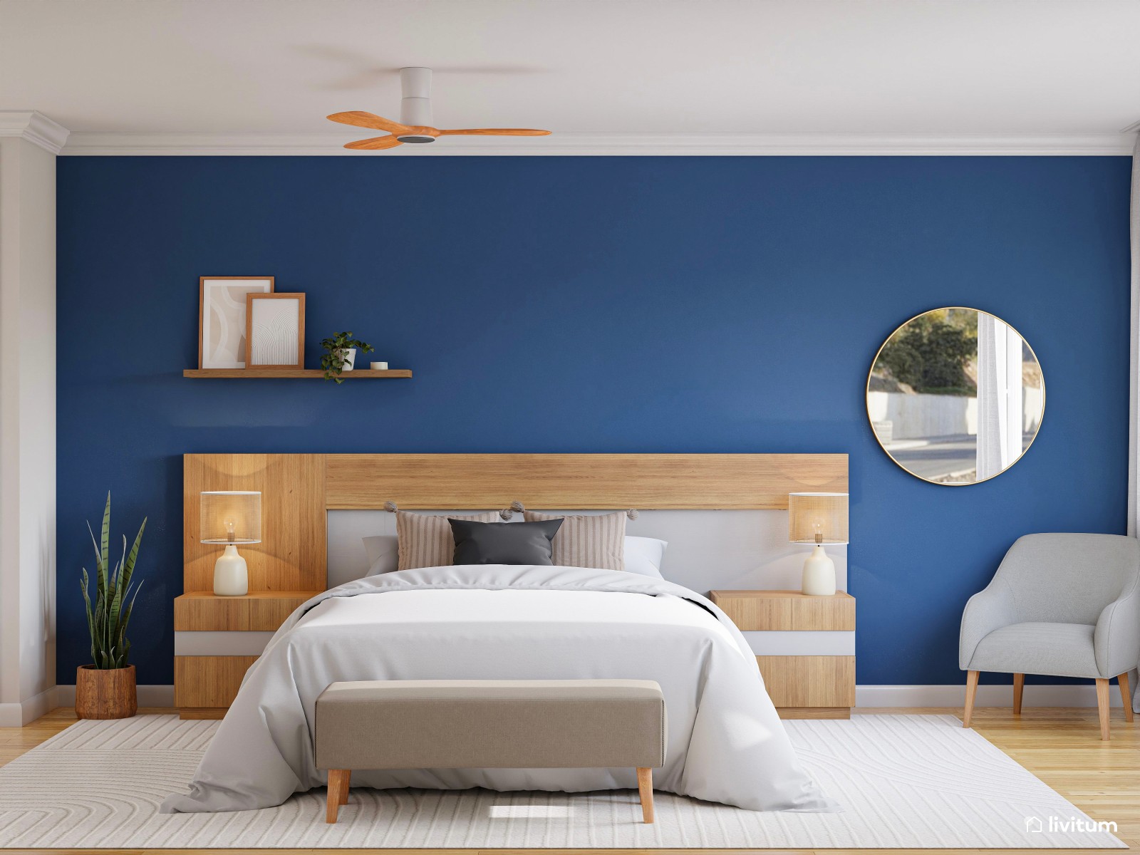 Dormitorio nórdico en madera y azul cobalto 