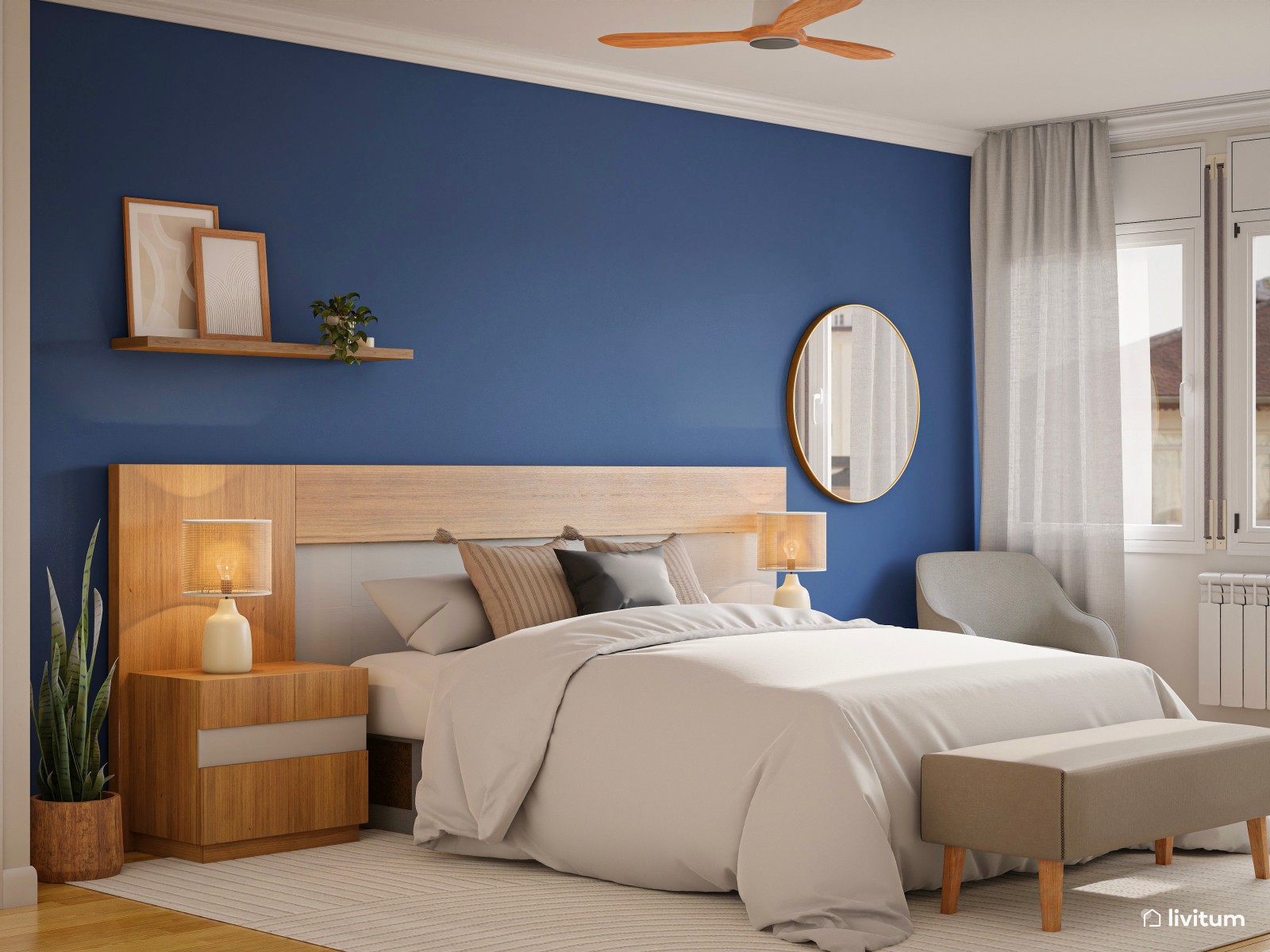 Dormitorio nórdico en madera y azul cobalto 