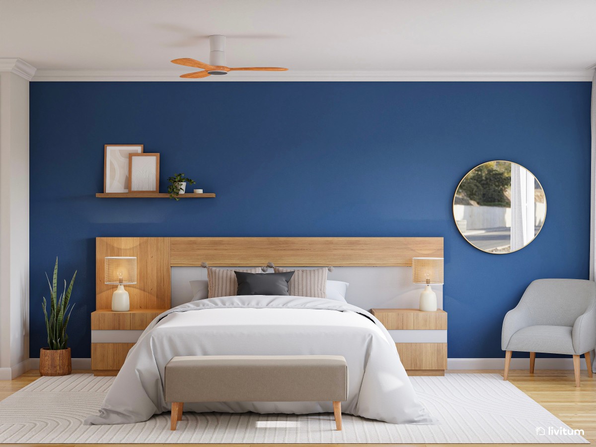 Dormitorio nórdico en madera y azul cobalto