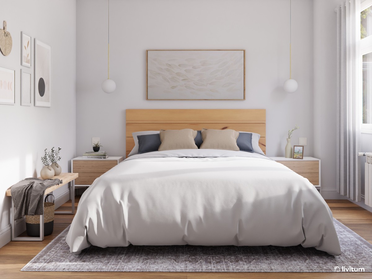 Dormitorio nórdico en madera y blanco