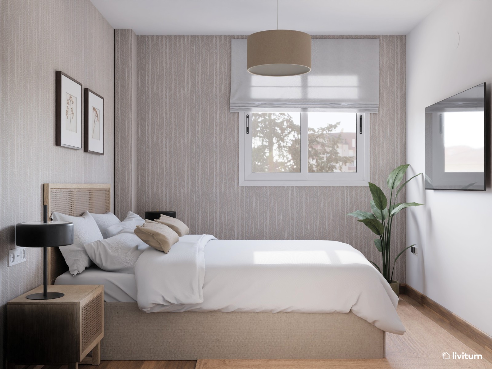 Dormitorio nórdico en madera y con papel pintado 
