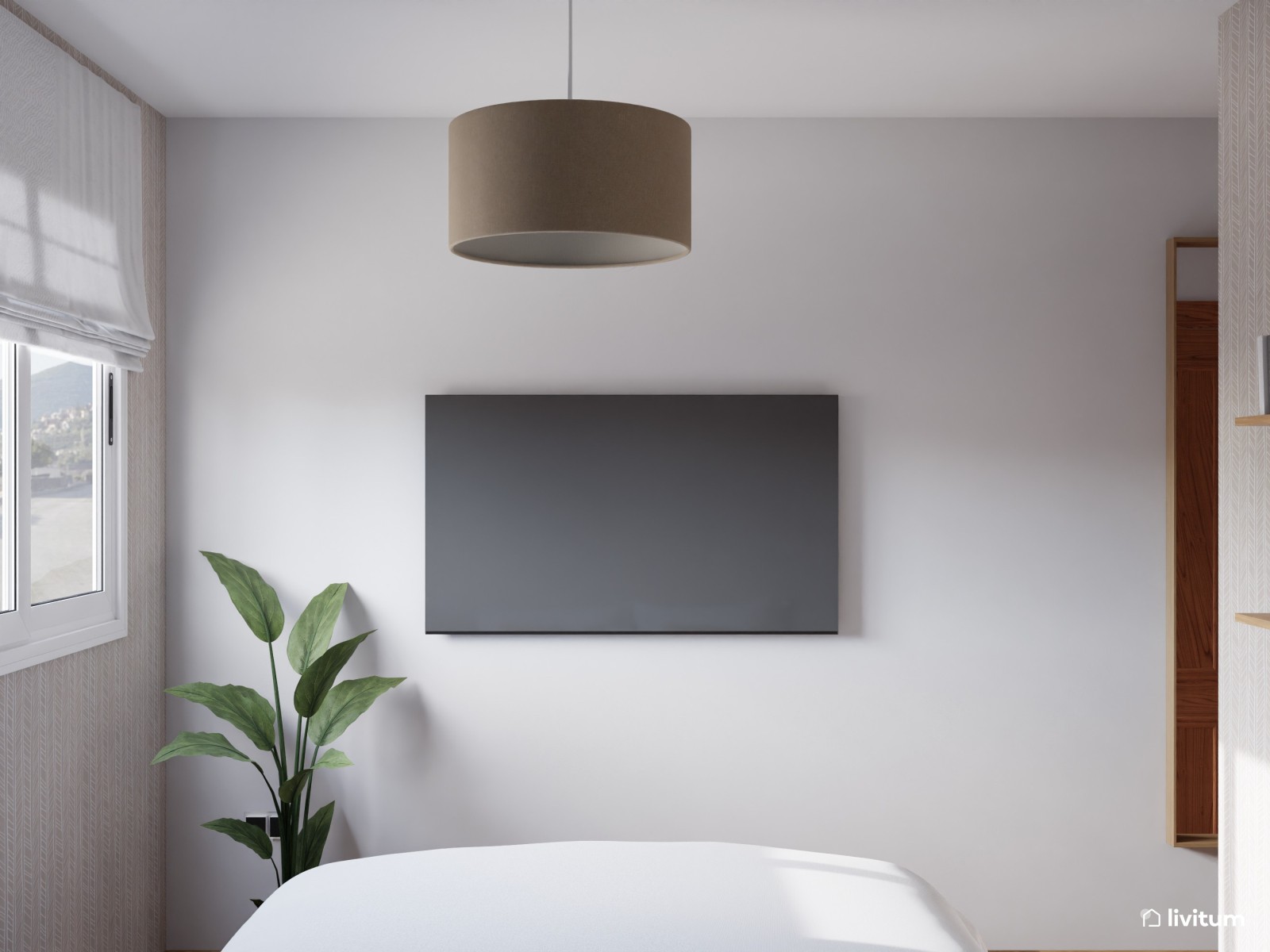 Dormitorio nórdico en madera y con papel pintado 