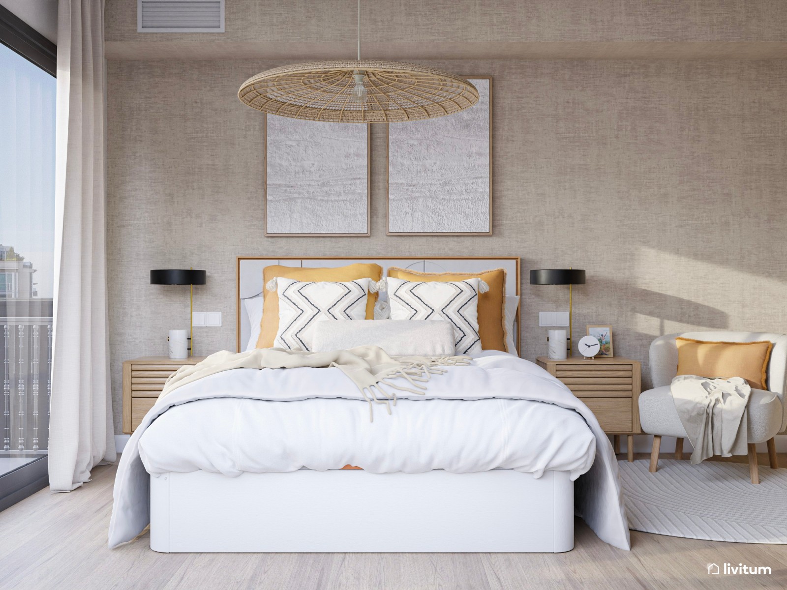 Dormitorio nórdico en tonos arena y butaca de chenilla beige 