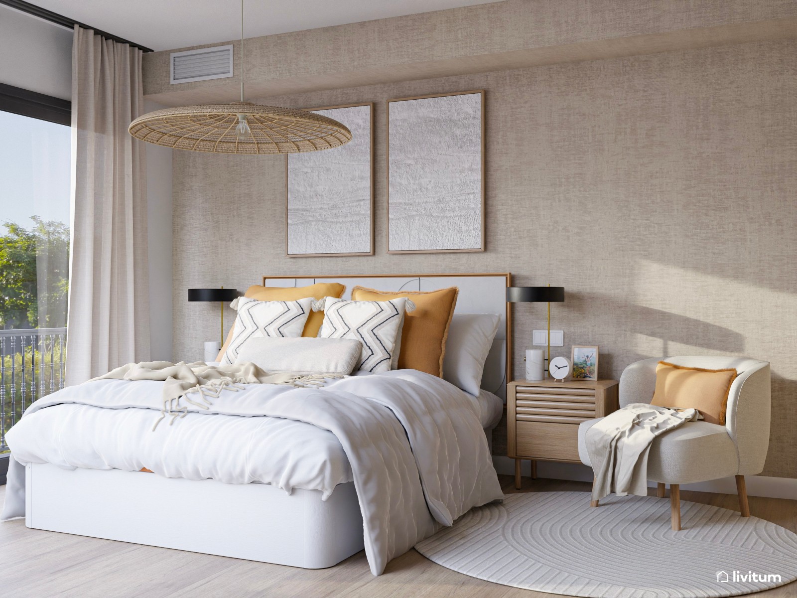 Dormitorio nórdico en tonos arena y butaca de chenilla beige 