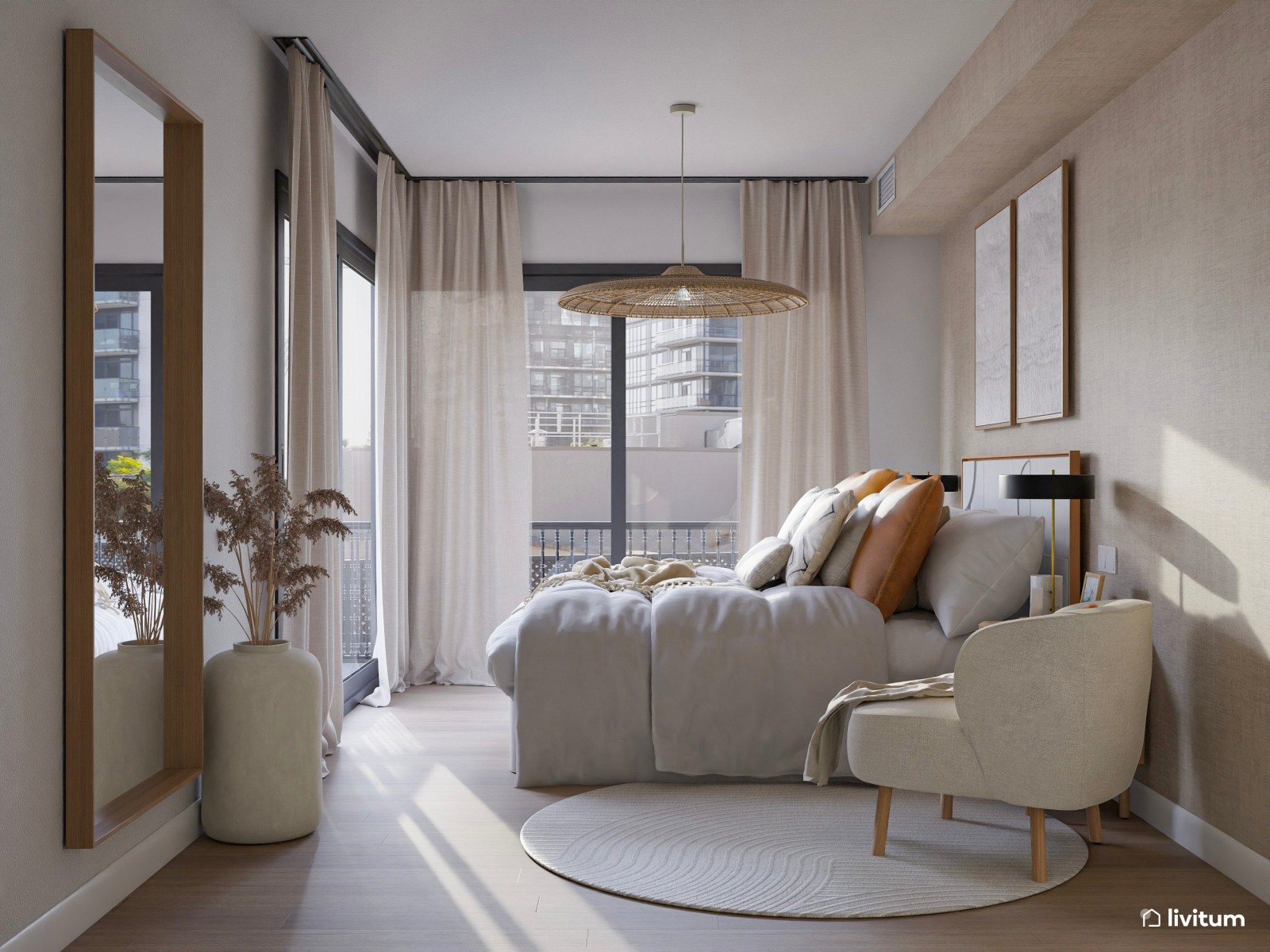 Dormitorio nórdico en tonos arena y butaca de chenilla beige 