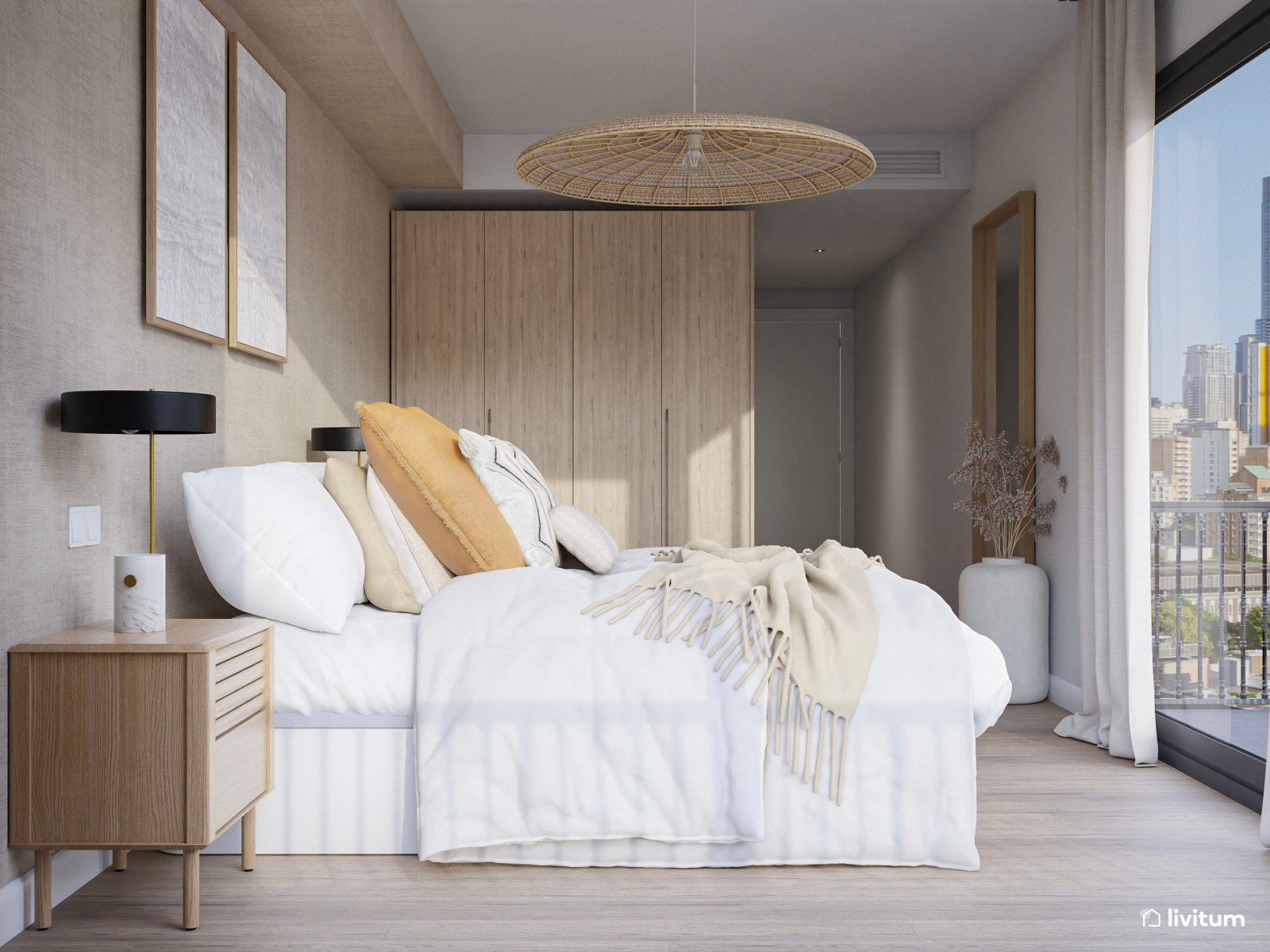 Dormitorio nórdico en tonos arena y butaca de chenilla beige 