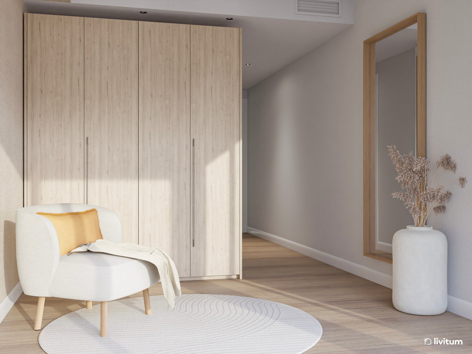 Dormitorio nórdico en tonos arena y butaca de chenilla beige 