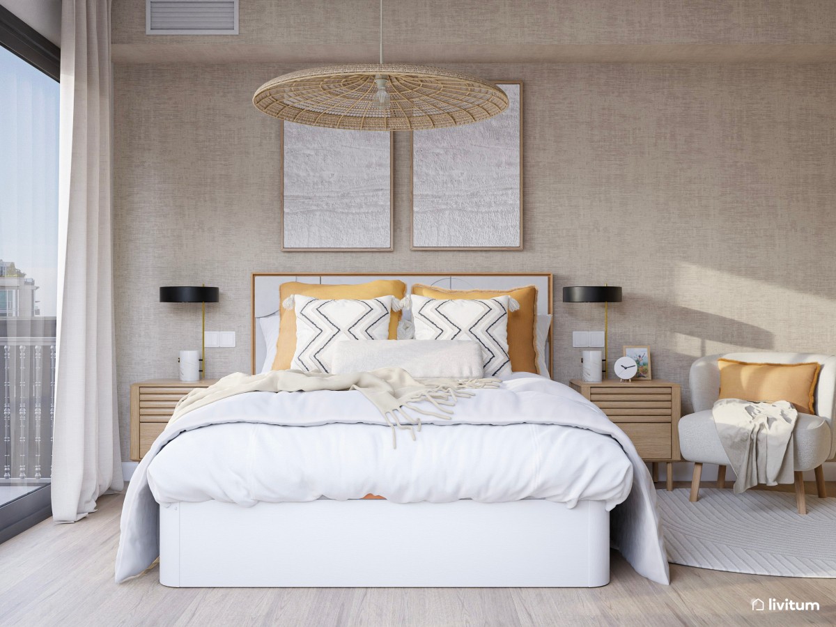 Dormitorio nórdico en tonos arena y butaca de chenilla beige