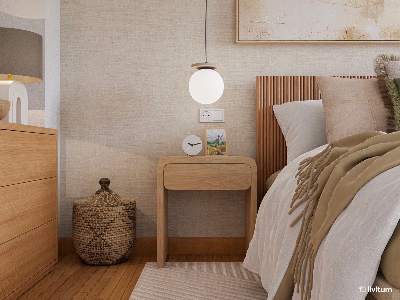 Dormitorio nórdico en tonos arena y lámparas colgantes 