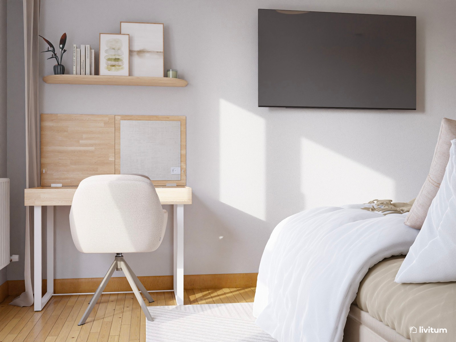 Dormitorio nórdico en tonos arena y lámparas colgantes 