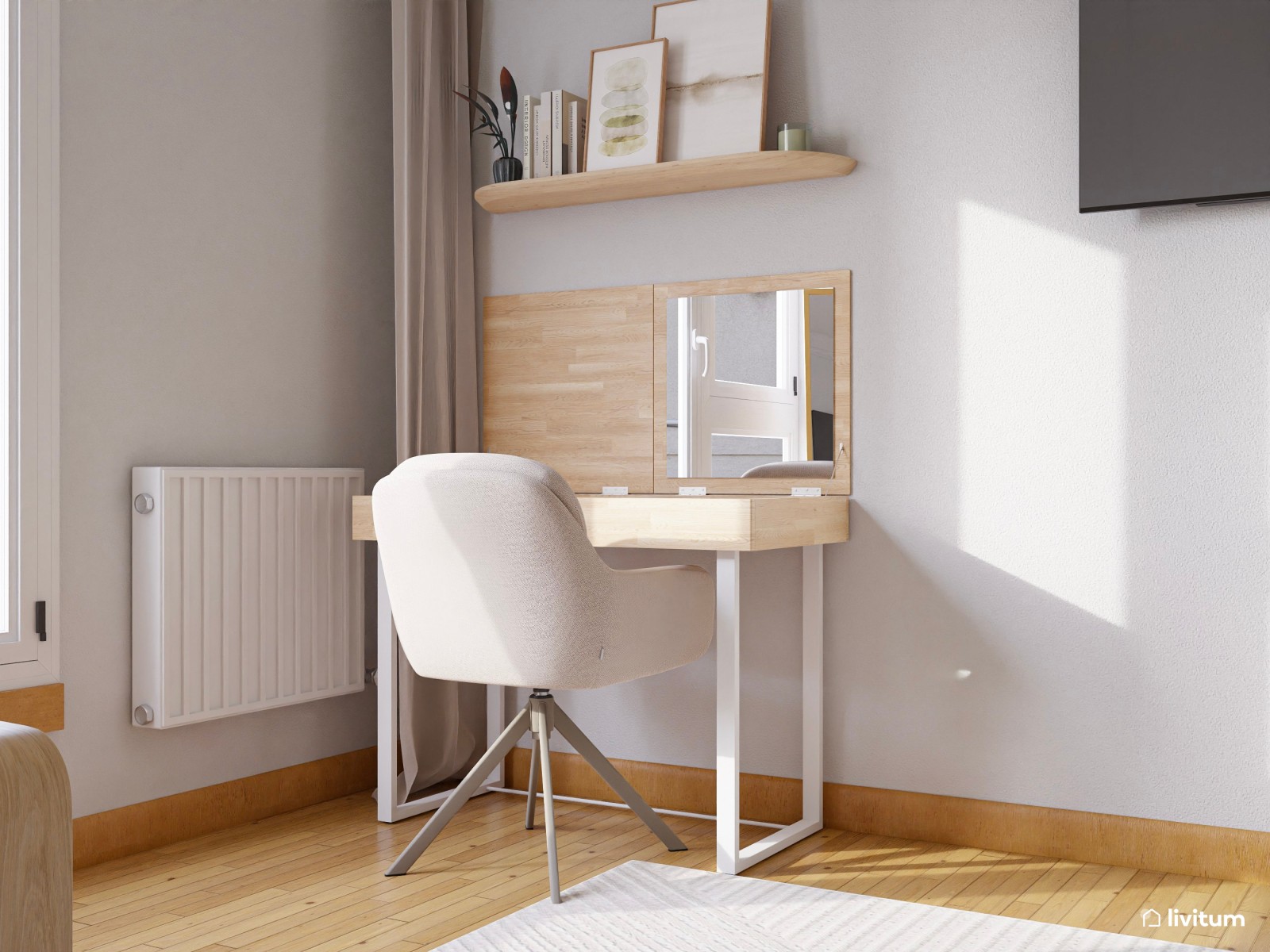 Dormitorio nórdico en tonos arena y lámparas colgantes 