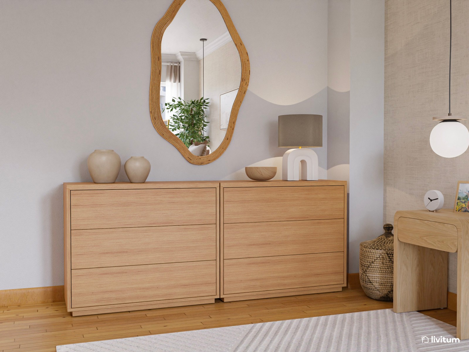 Dormitorio nórdico en tonos arena y lámparas colgantes 