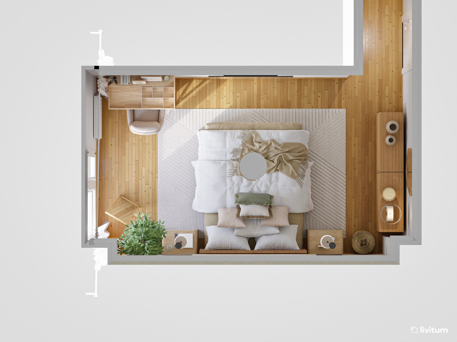 Dormitorio nórdico en tonos arena y lámparas colgantes 