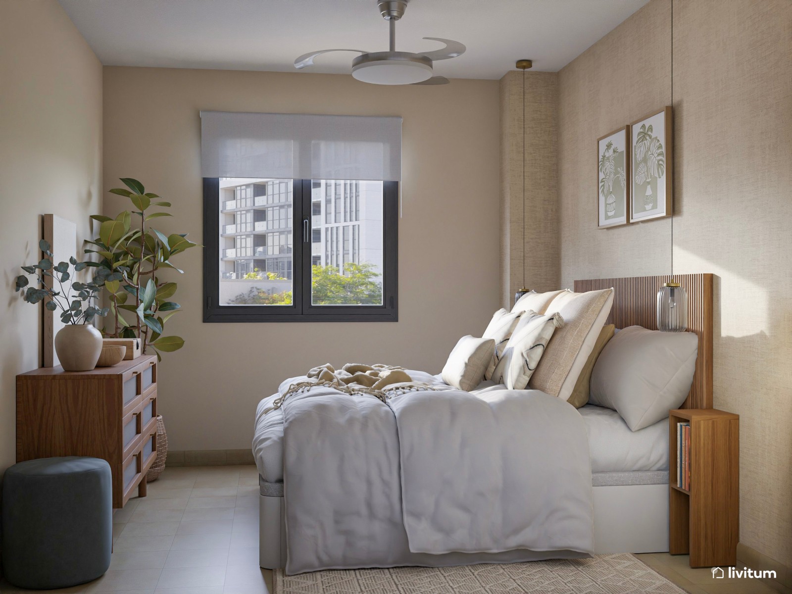 Dormitorio nórdico moderno con madera cálida y tonos neutros