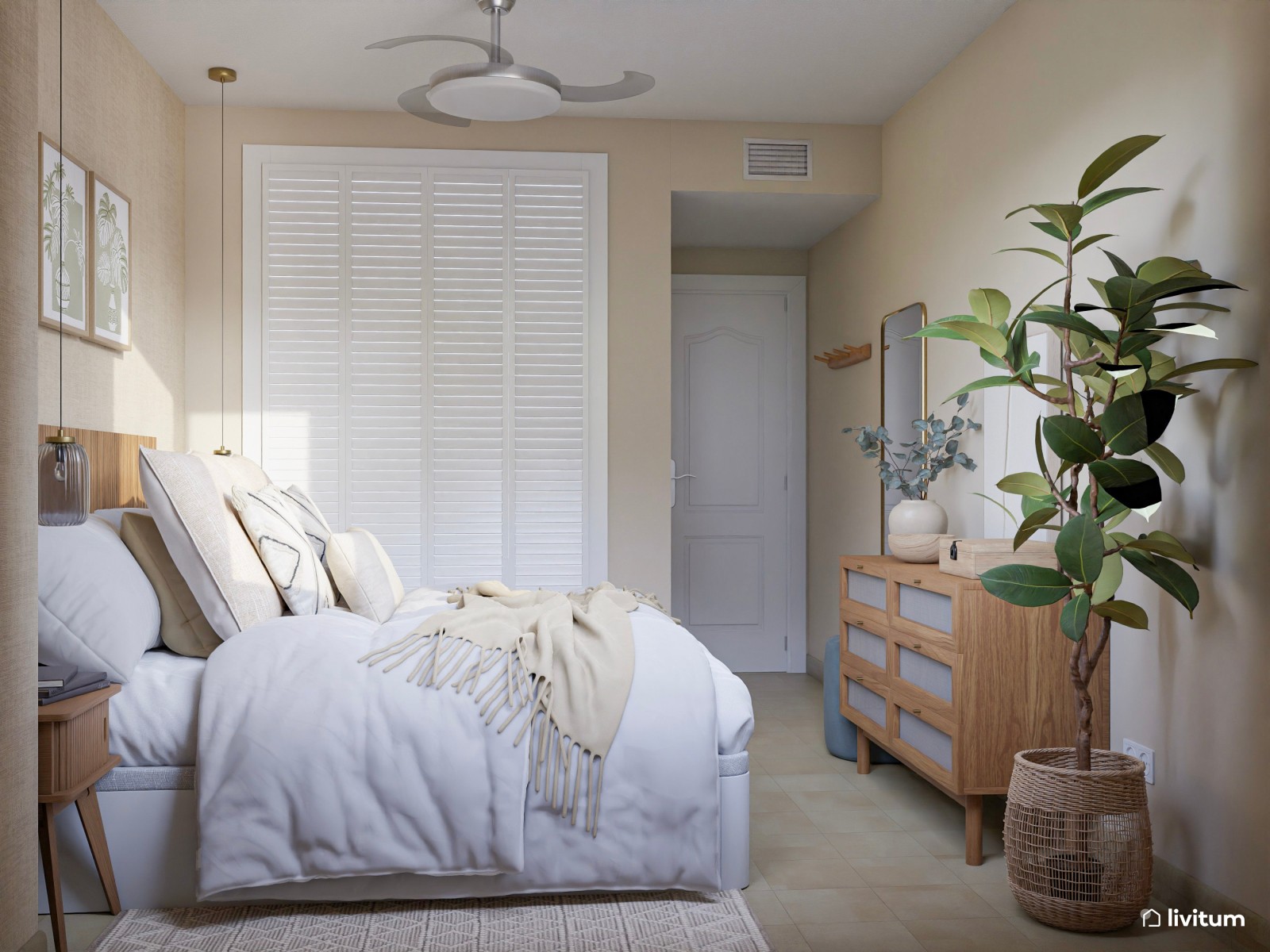 Dormitorio nórdico moderno con madera cálida y tonos neutros