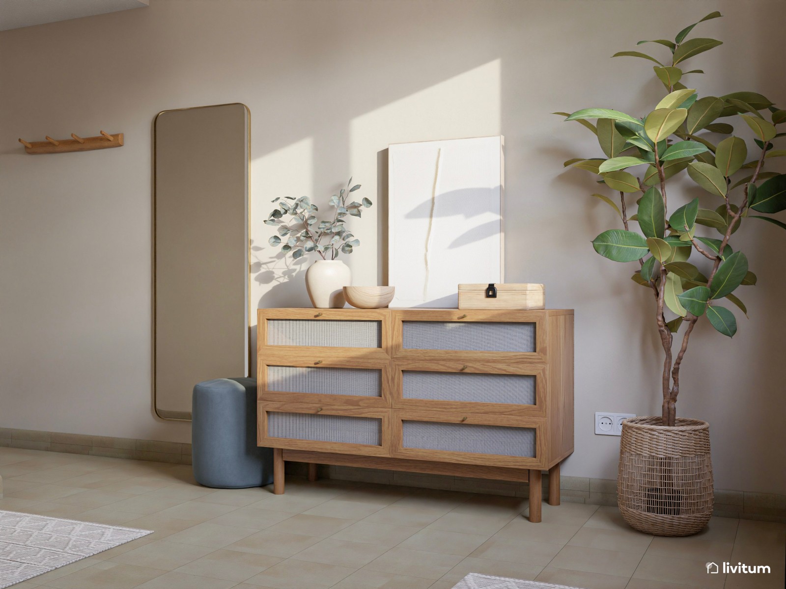 Dormitorio nórdico moderno con madera cálida y tonos neutros