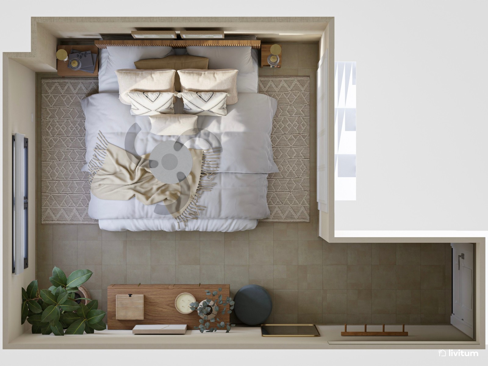 Dormitorio nórdico moderno con madera cálida y tonos neutros