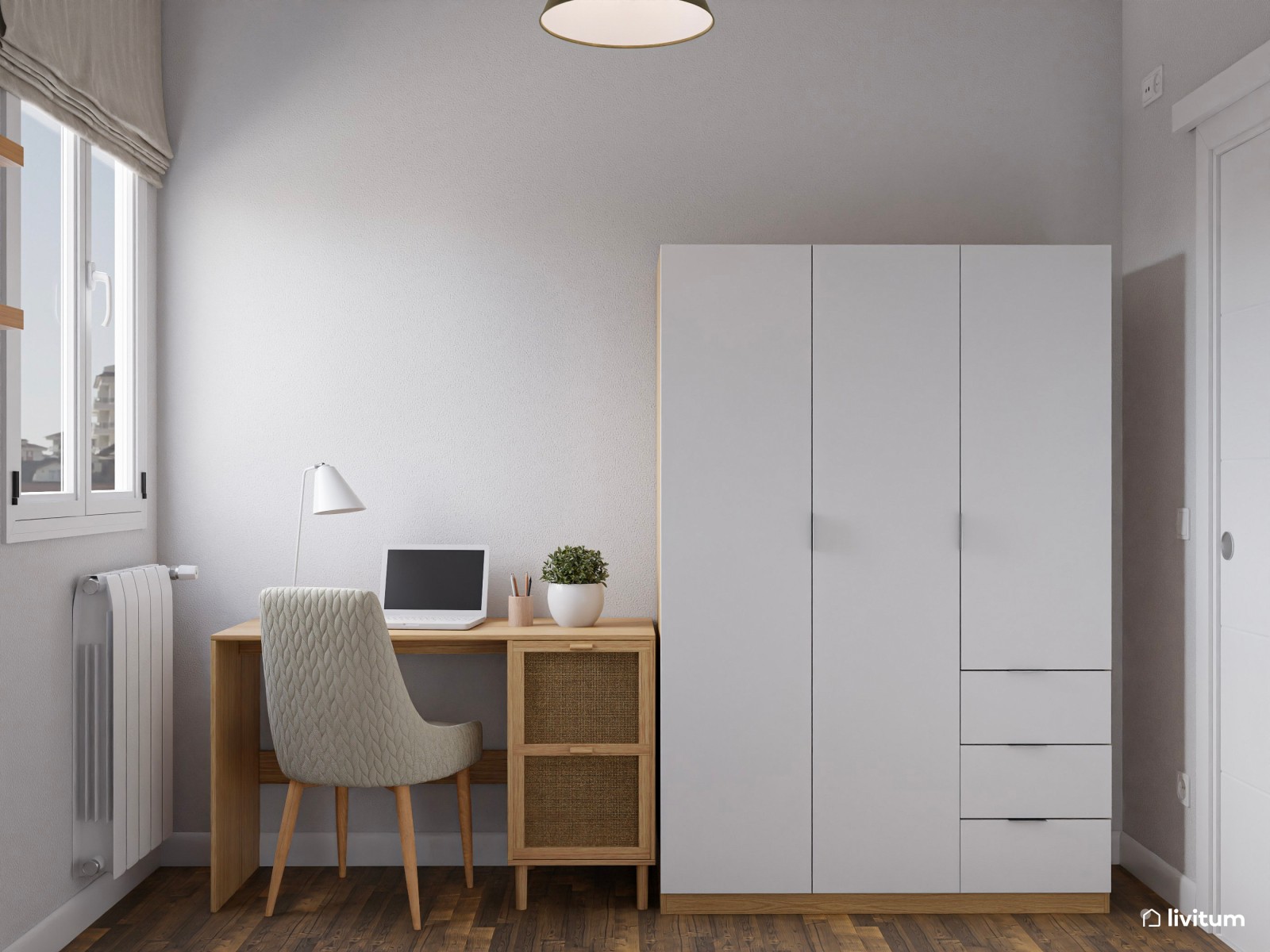 Dormitorio nórdico muy acogedor y cálido con escritorio en 6 m²