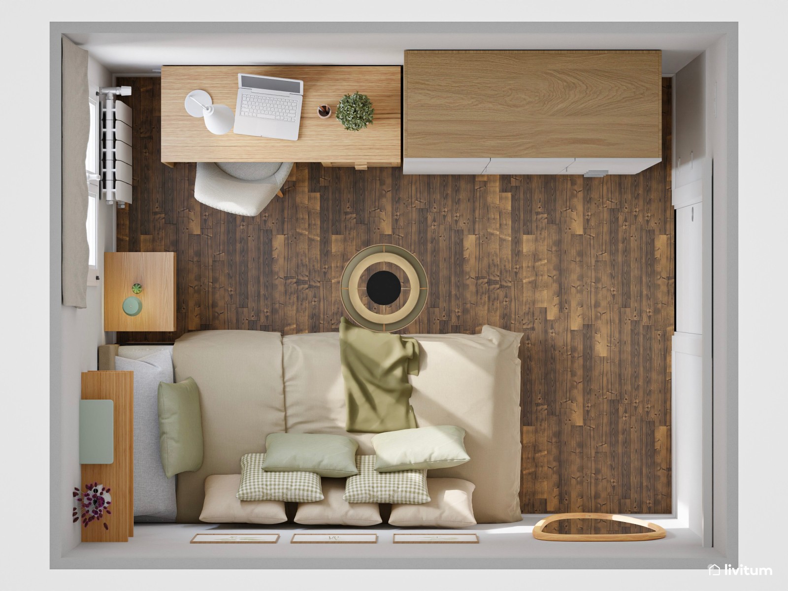 Dormitorio nórdico muy acogedor y cálido con escritorio en 6 m²