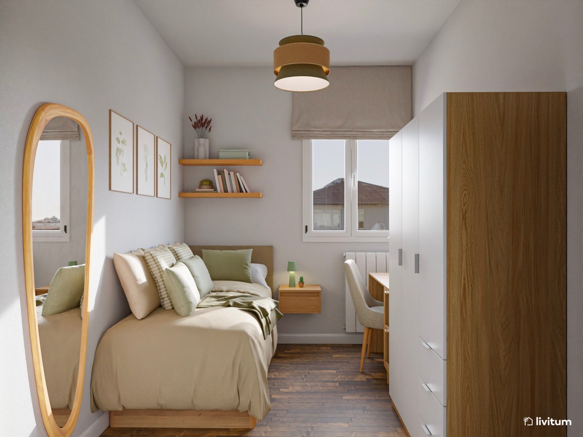 Dormitorio nórdico muy acogedor y cálido con escritorio en 6 m²
