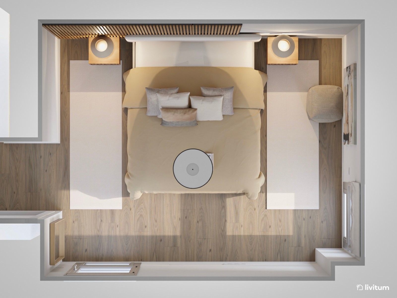 Dormitorio nórdico y minimalista con listones de madera 