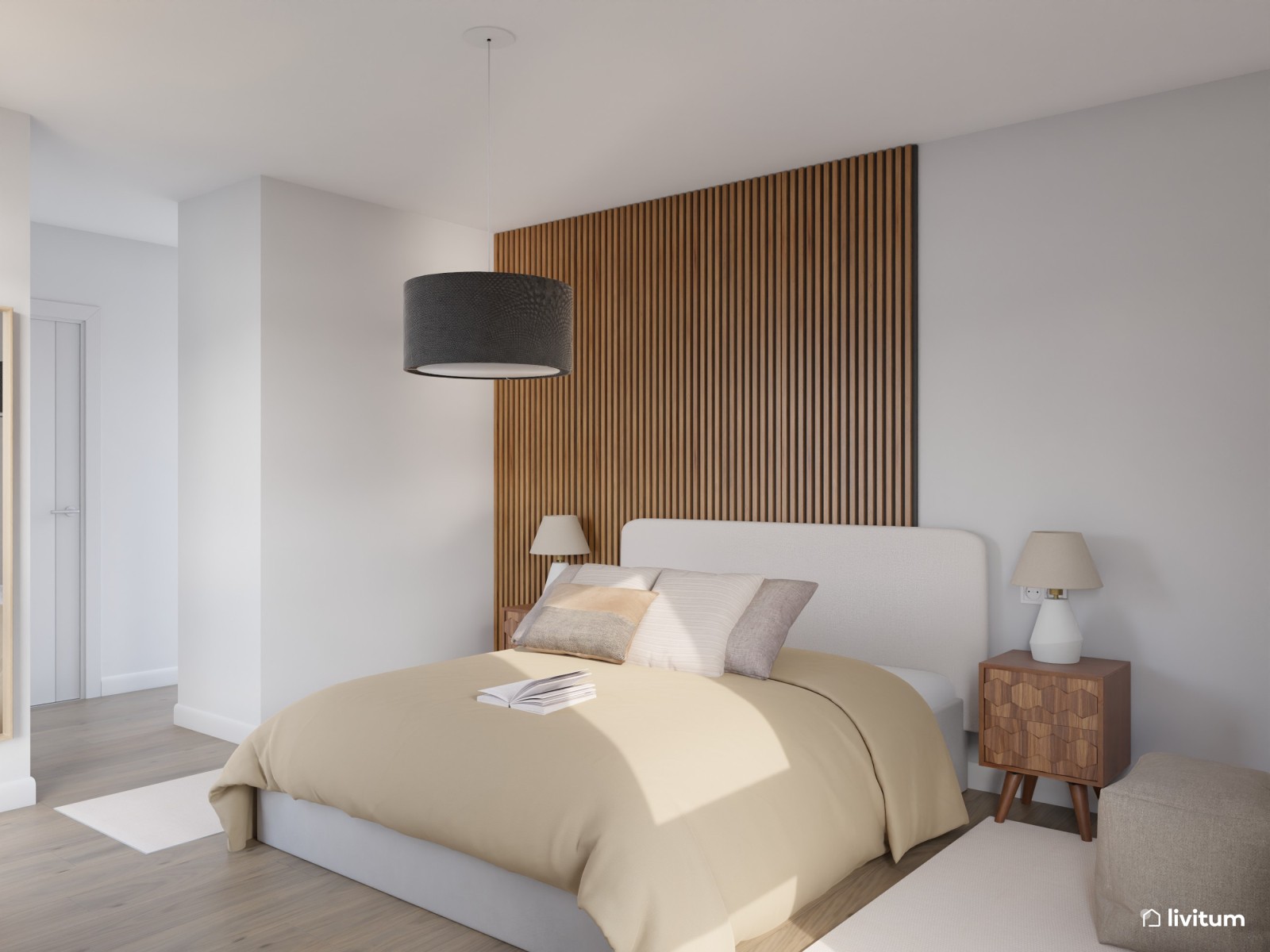 Dormitorio nórdico y minimalista con listones de madera 
