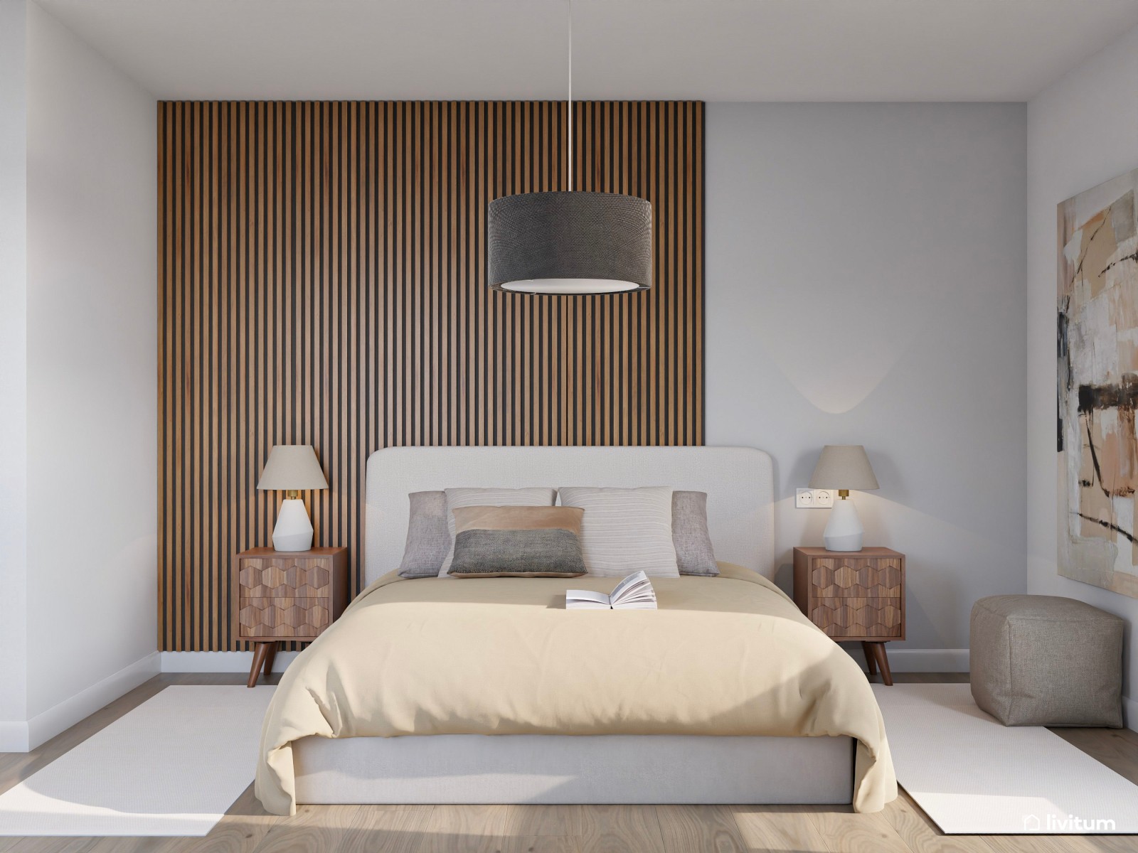 Dormitorio nórdico y minimalista con listones de madera 