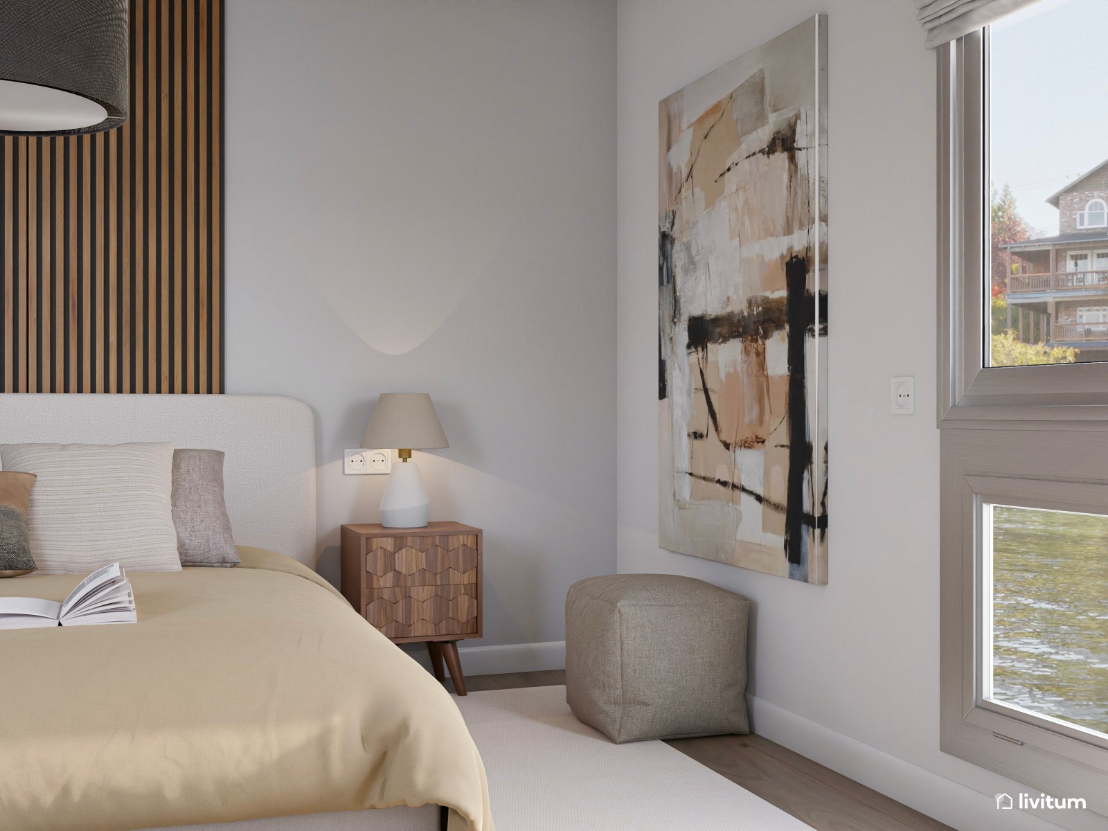 Dormitorio nórdico y minimalista con listones de madera 