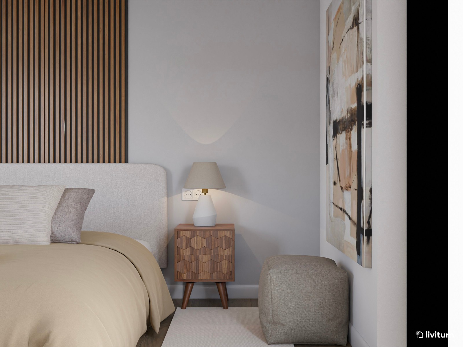 Dormitorio nórdico y minimalista con listones de madera 