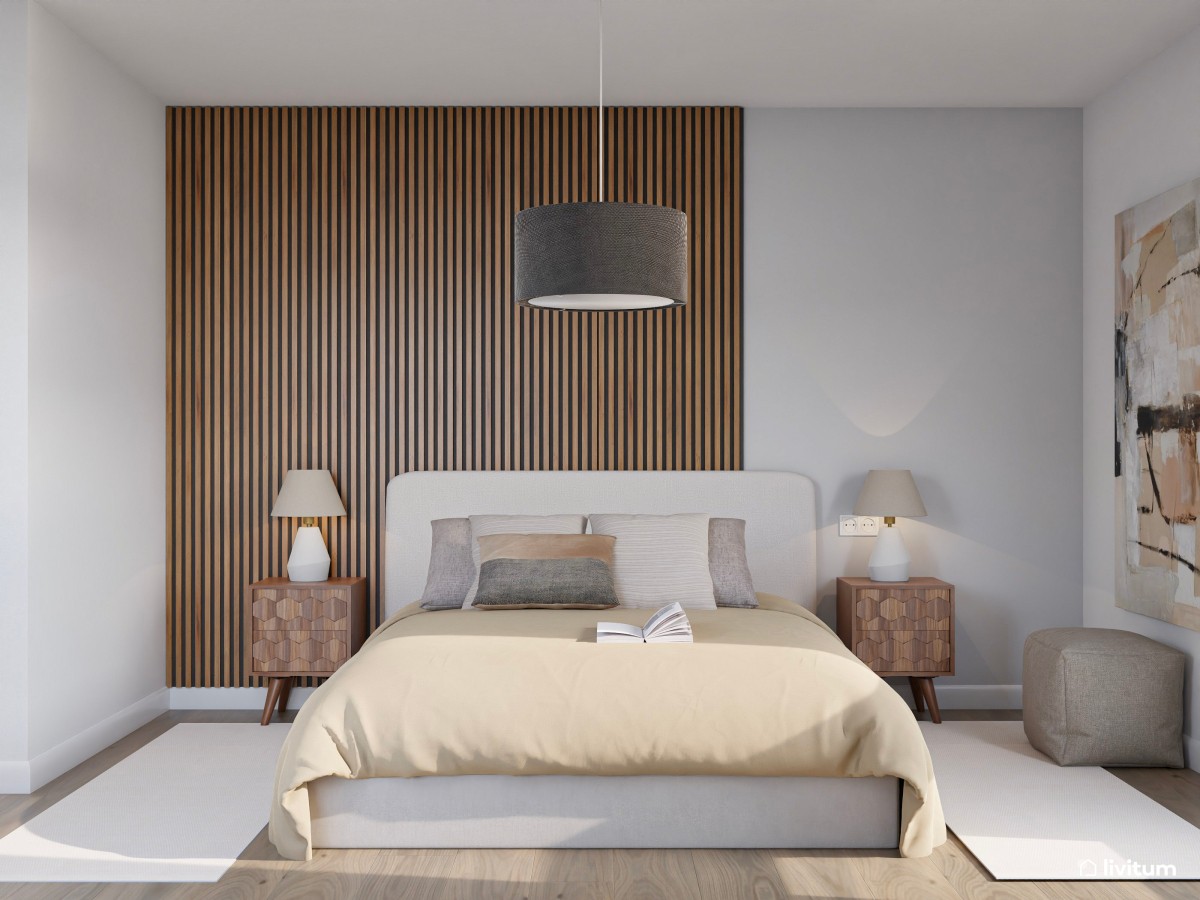 Dormitorio nórdico y minimalista con listones de madera