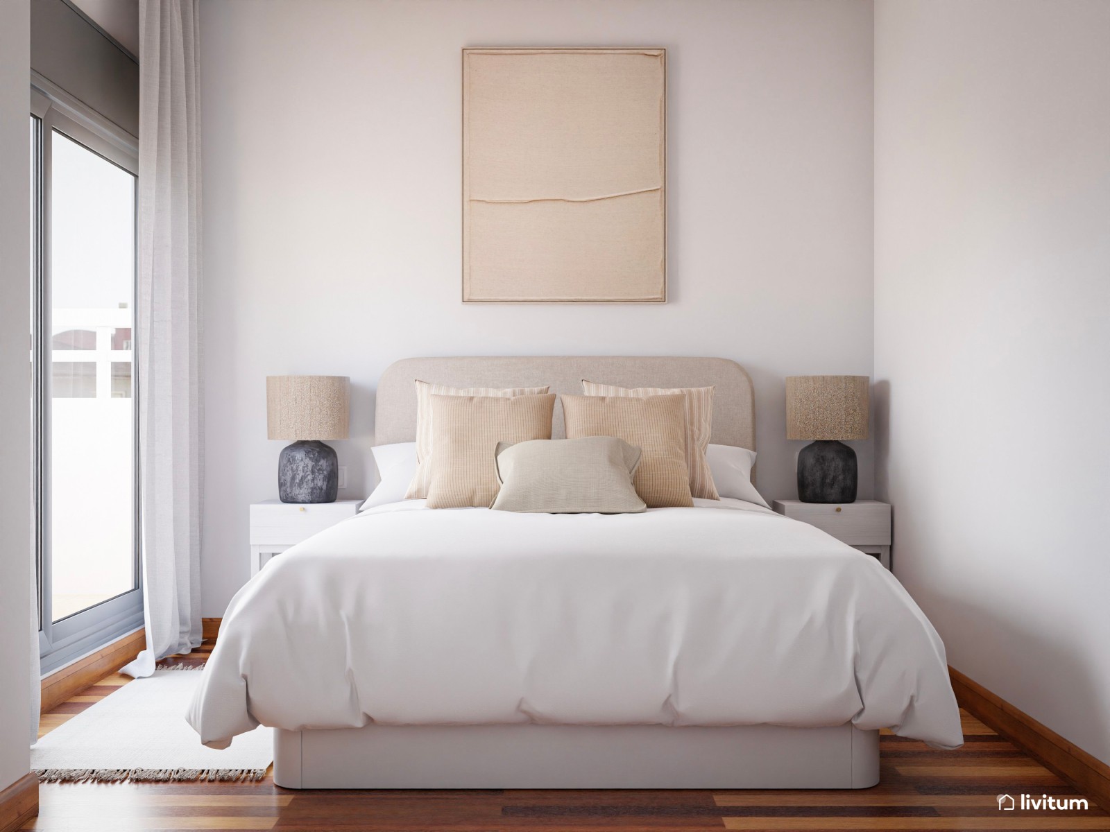 Dormitorio nórdico y minimalista en tonos neutros 