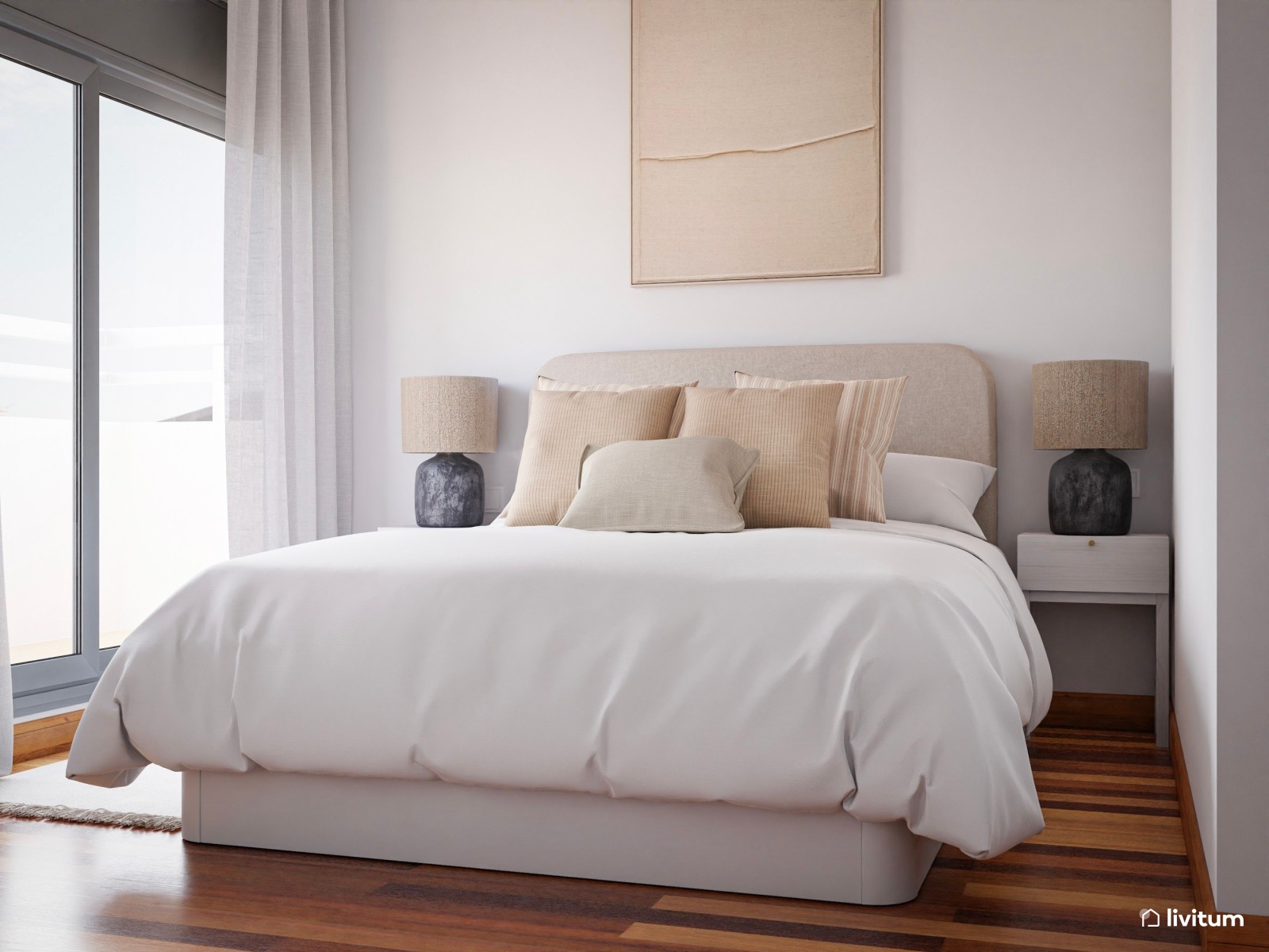 Dormitorio nórdico y minimalista en tonos neutros 