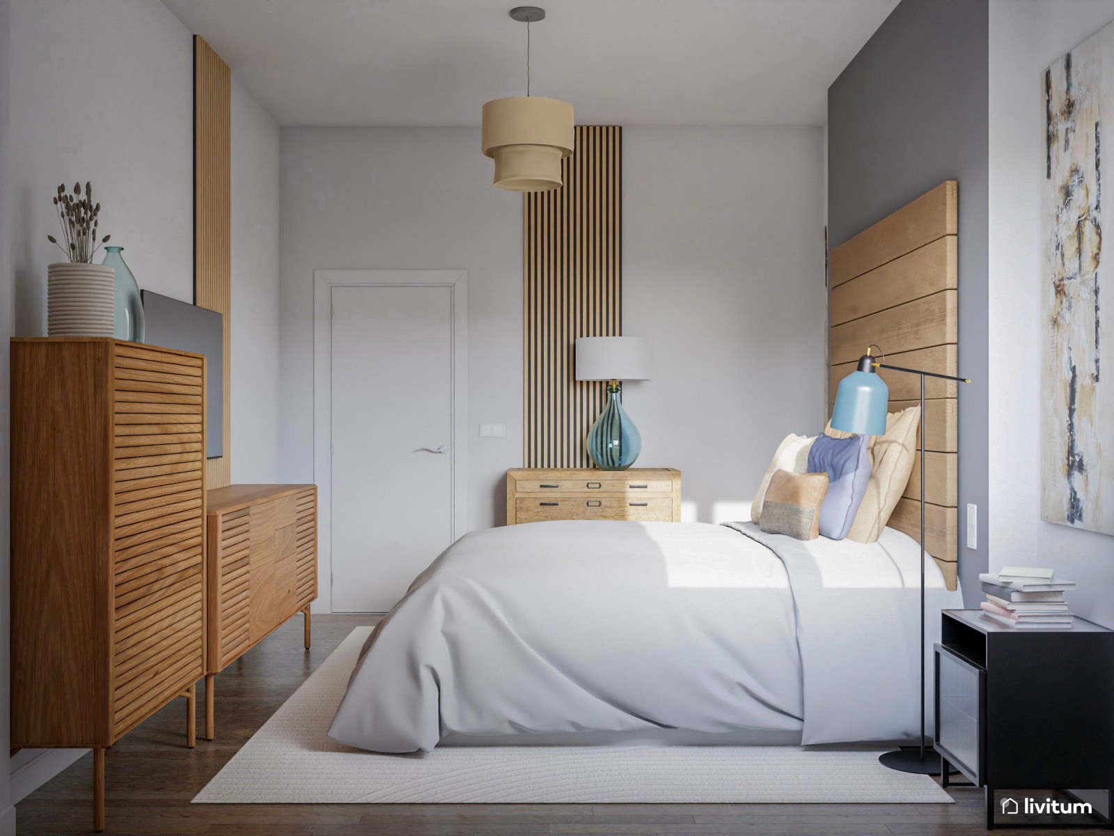 Dormitorio nórdico y moderno con detalles de color 
