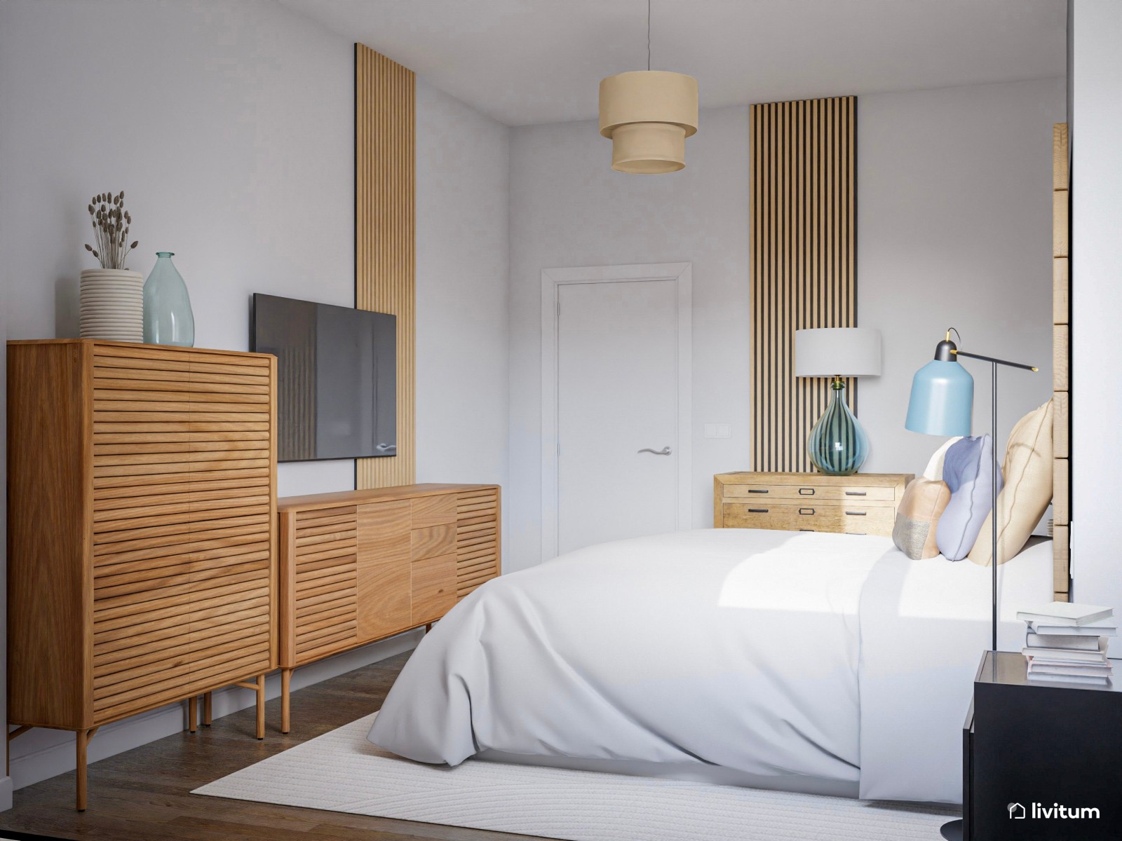 Dormitorio nórdico y moderno con detalles de color 