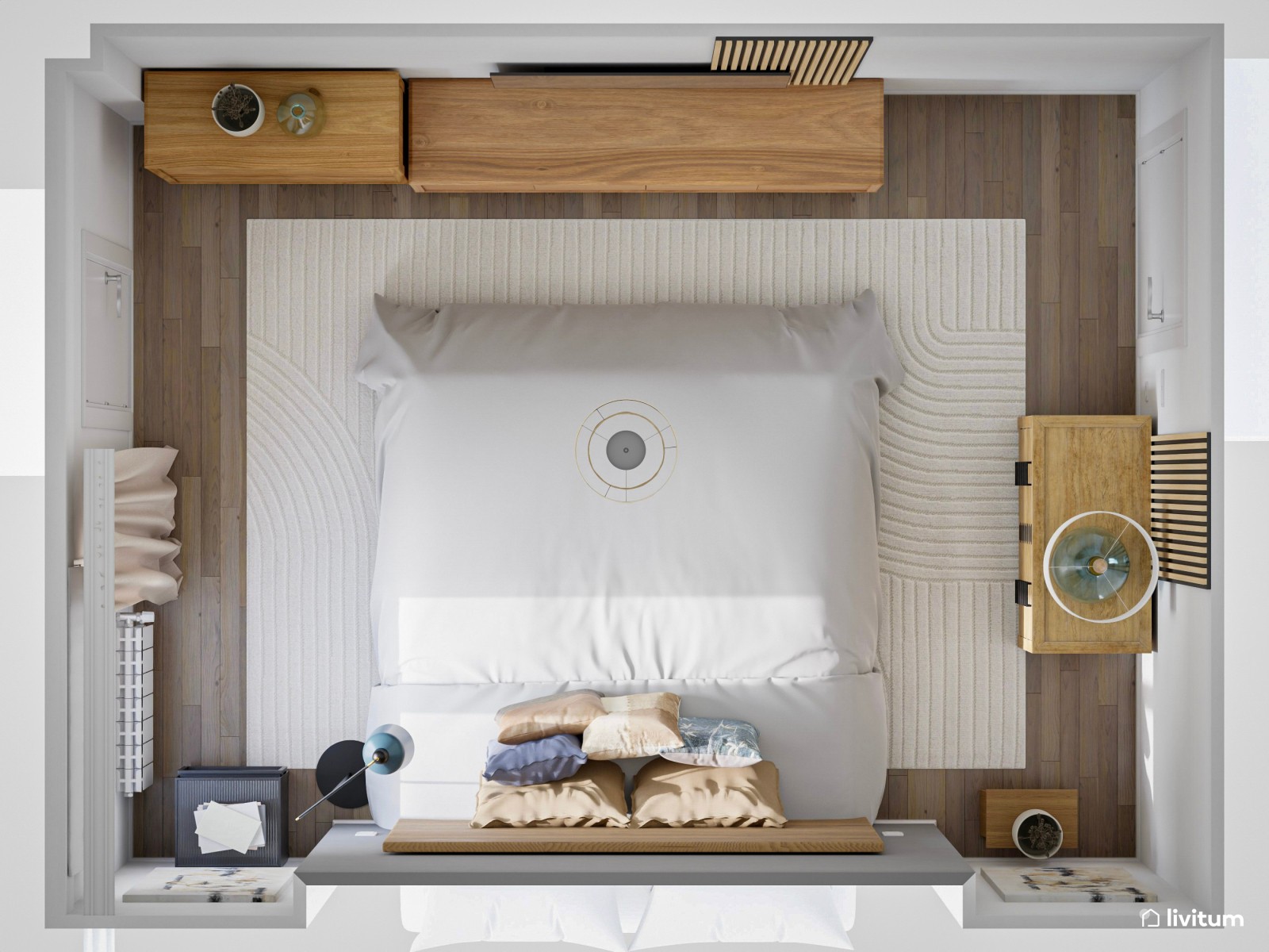 Dormitorio nórdico y moderno con detalles de color 