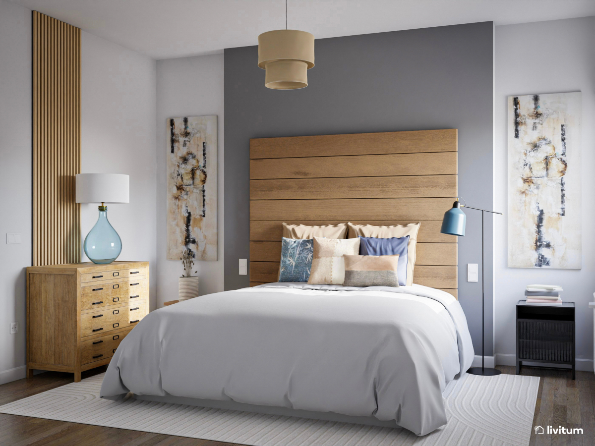 Dormitorio nórdico y moderno con detalles de color
