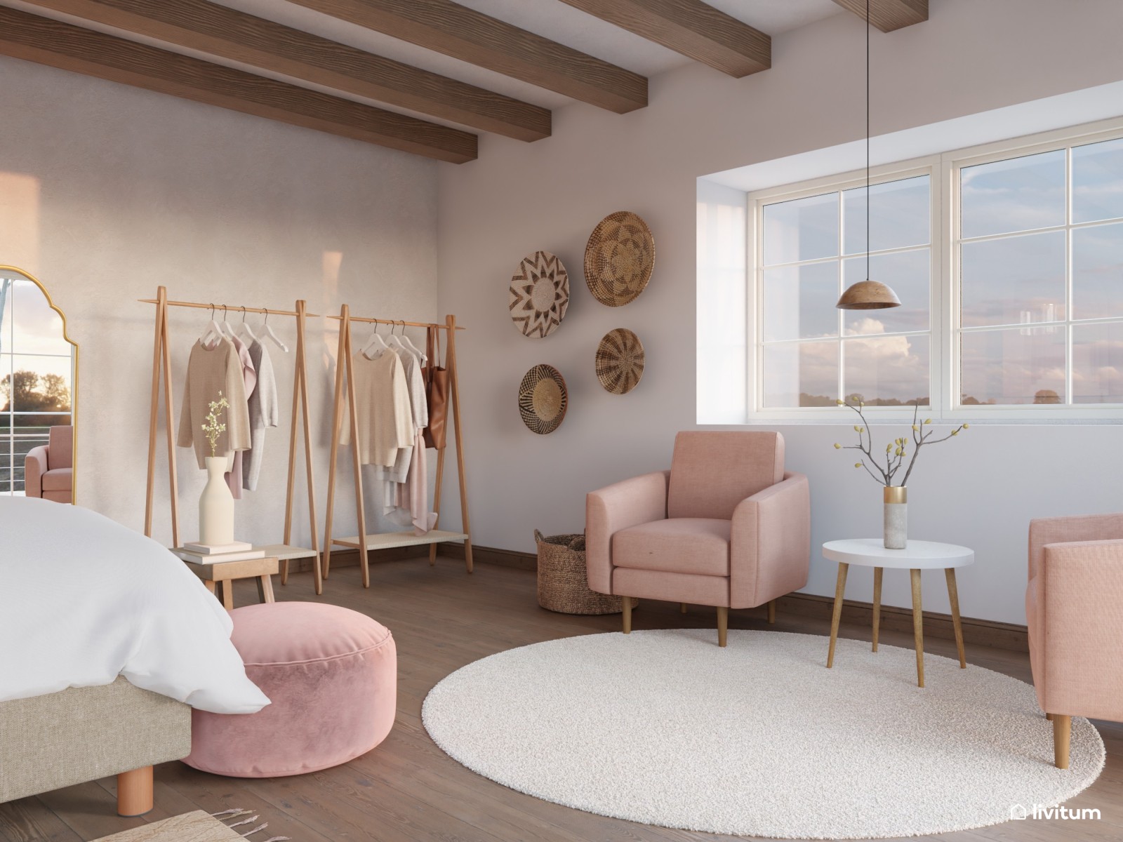 Dormitorio nórdico y vintage con detalles rosas 