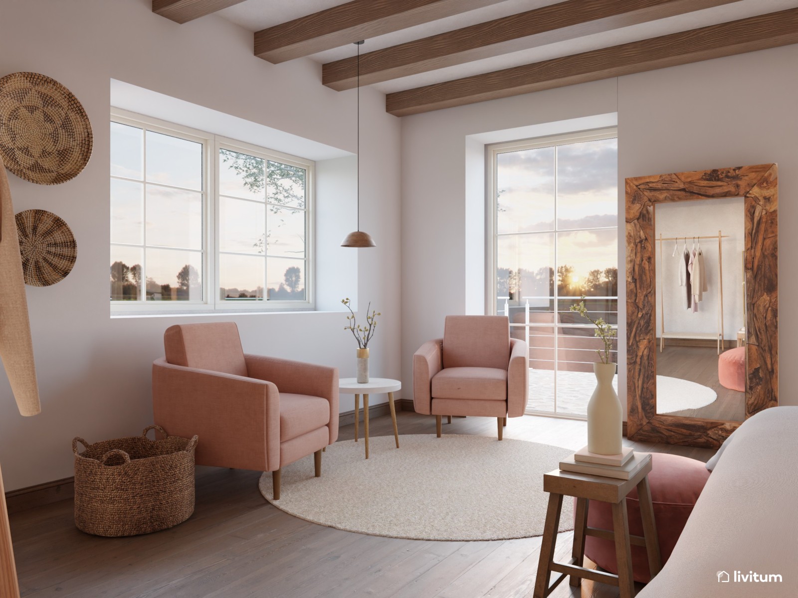 Dormitorio nórdico y vintage con detalles rosas 