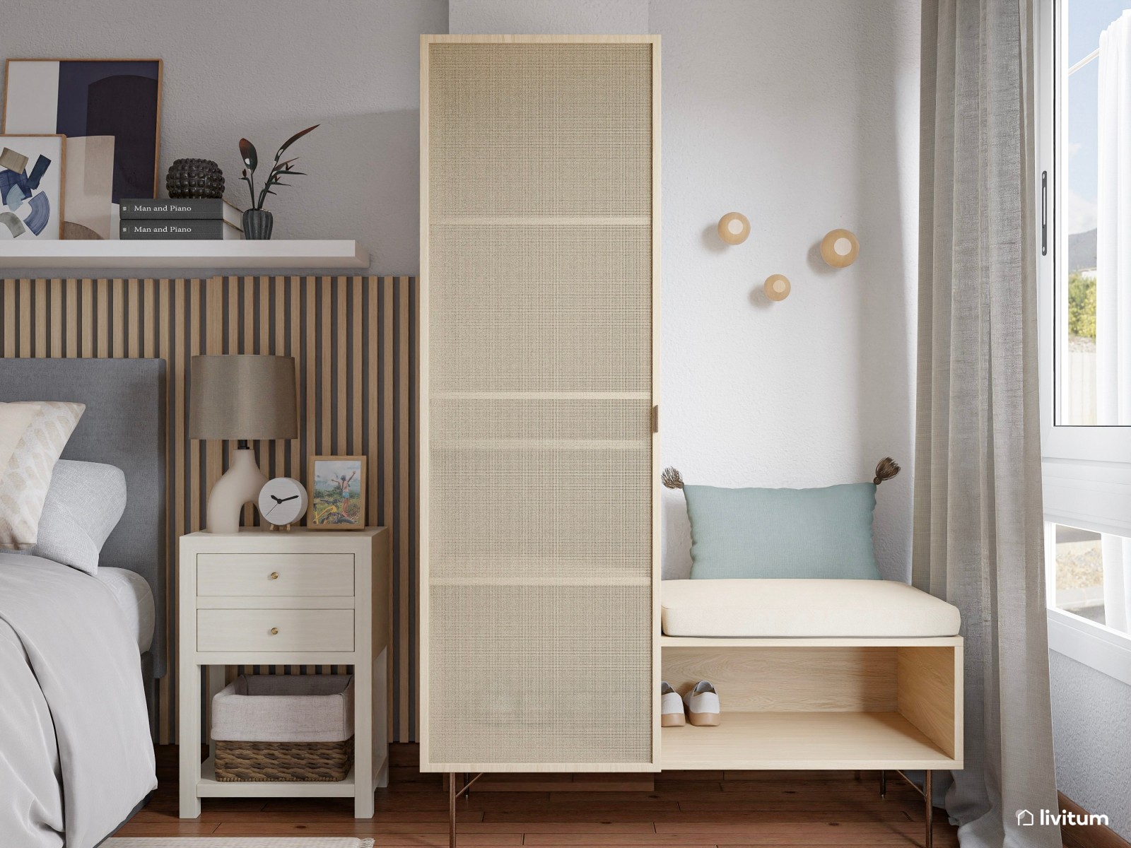 Dormitorio pequeño con gran capacidad de almacenamiento 