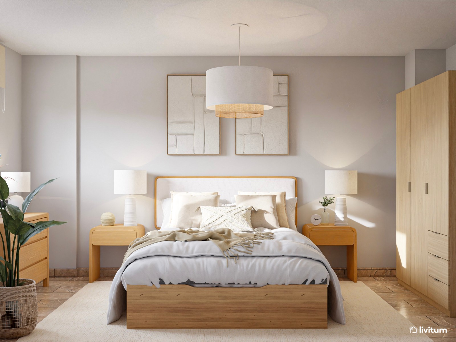 Dormitorio pequeño de 11 m² nórdico, estrecho y alargado, con muebles de madera