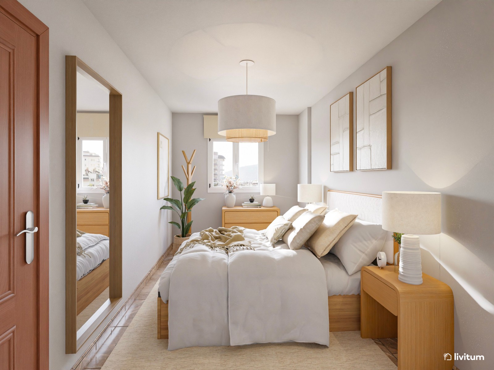 Dormitorio pequeño de 11 m² nórdico, estrecho y alargado, con muebles de madera