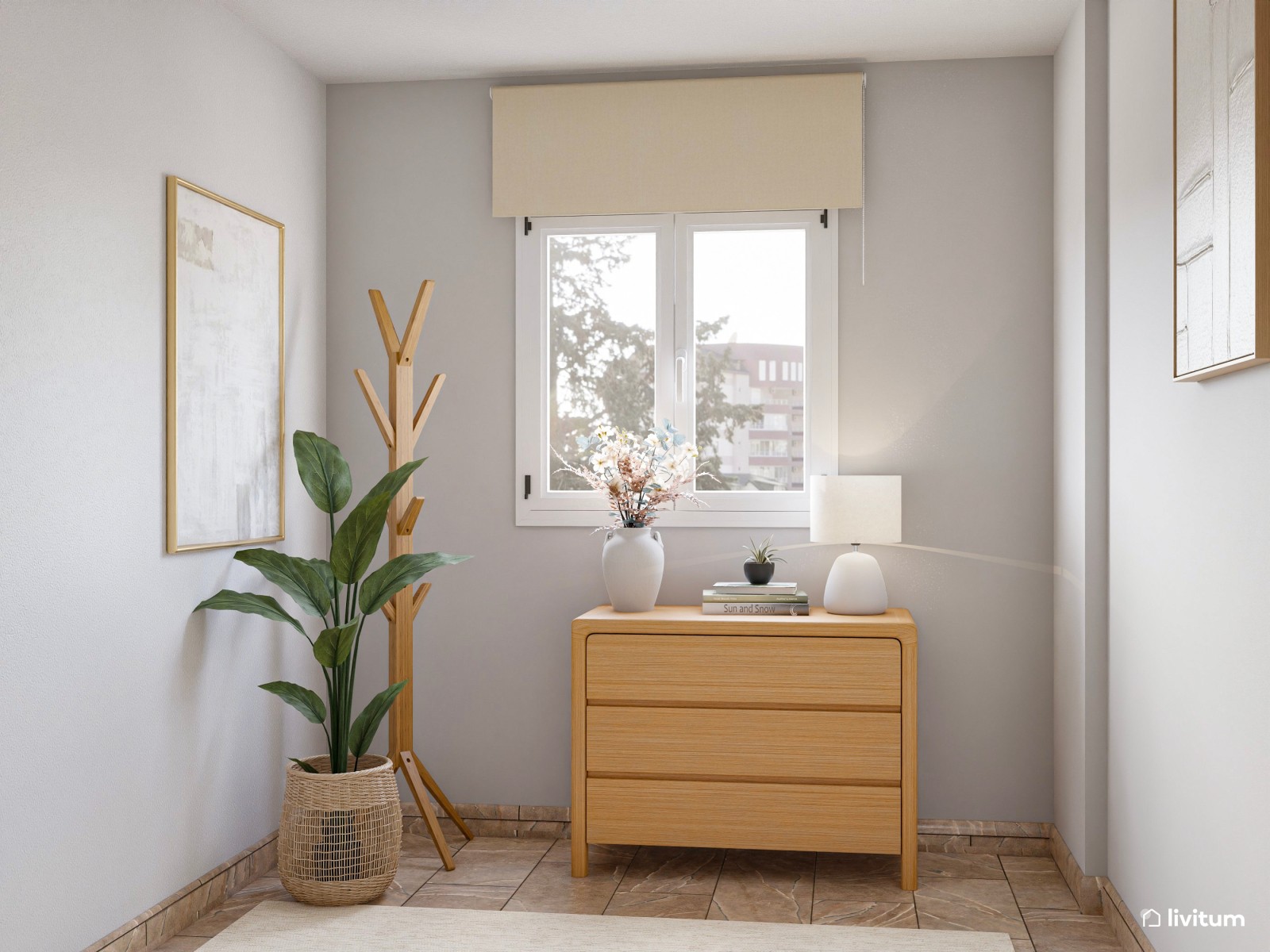 Dormitorio pequeño de 11 m² nórdico, estrecho y alargado, con muebles de madera