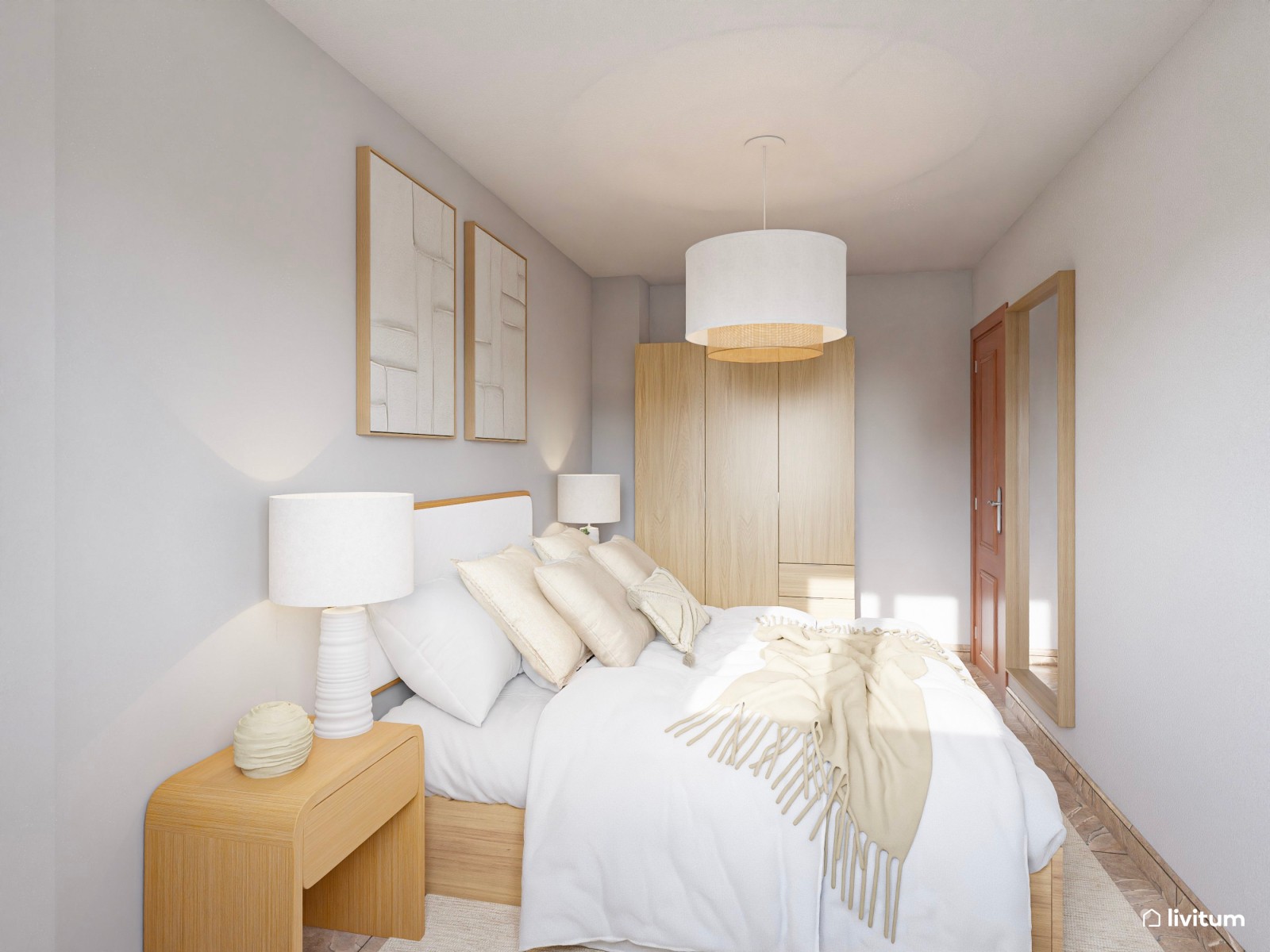 Dormitorio pequeño de 11 m² nórdico, estrecho y alargado, con muebles de madera