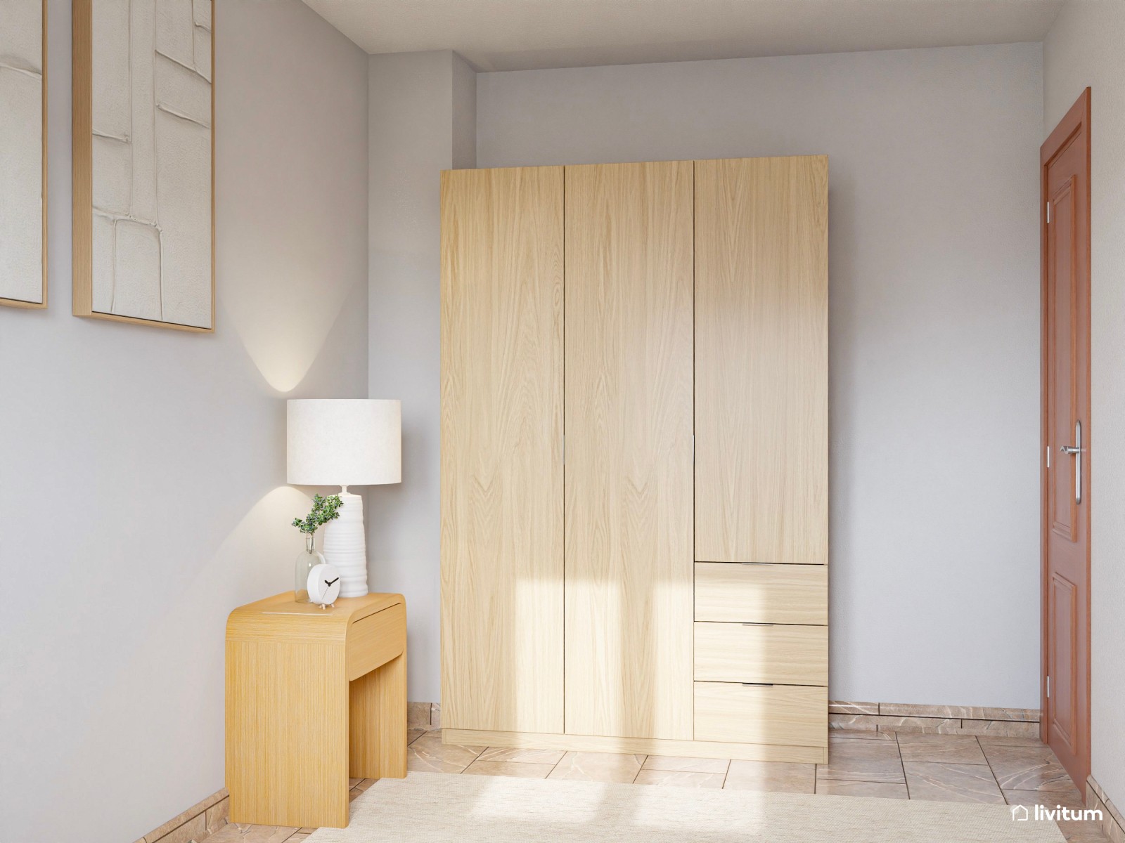 Dormitorio pequeño de 11 m² nórdico, estrecho y alargado, con muebles de madera