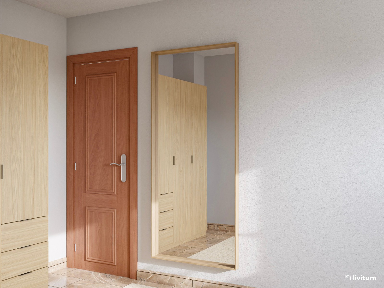 Dormitorio pequeño de 11 m² nórdico, estrecho y alargado, con muebles de madera